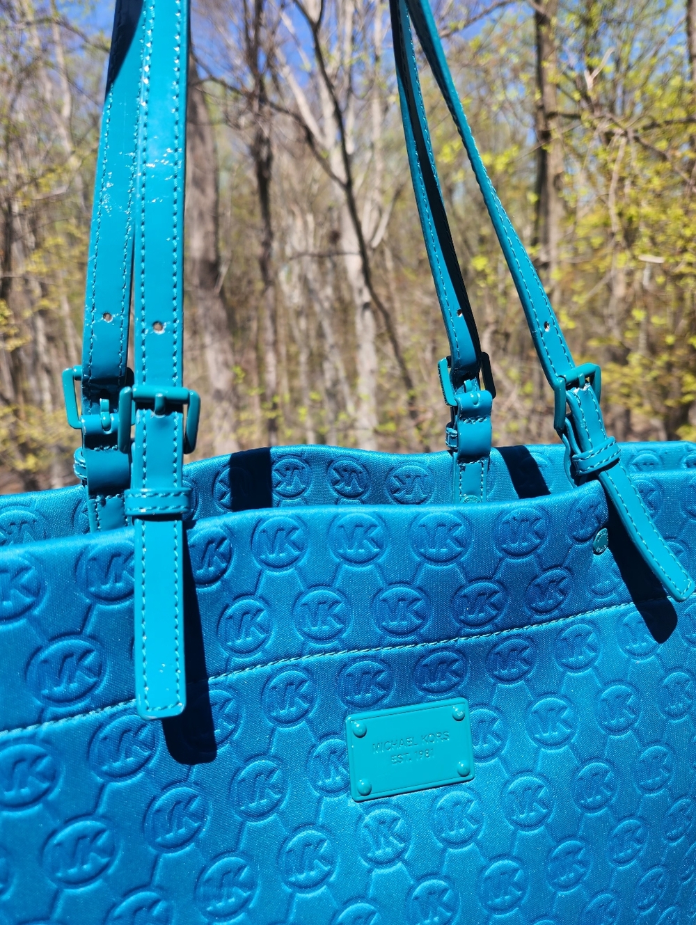Large Michael Kors Tote JetSet Quilted Bag Turquoise Neoprene - Picture 8 of 13
